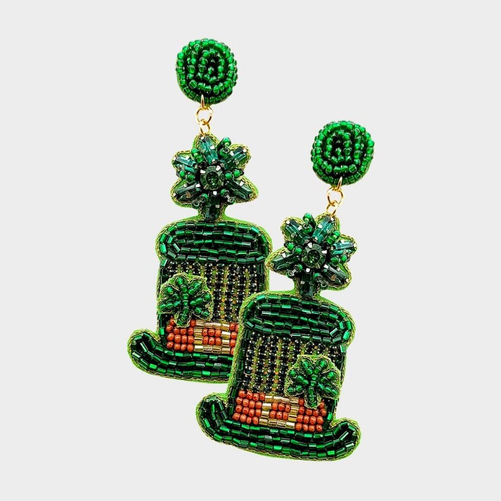 St. Patrick's Day Felt Back Beaded Hat Dangle Earrings, Leprechaun Hat Earrings